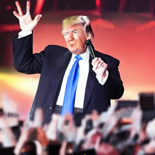 Image similar to donald trump on stage as the lead vocalist in a black metal band