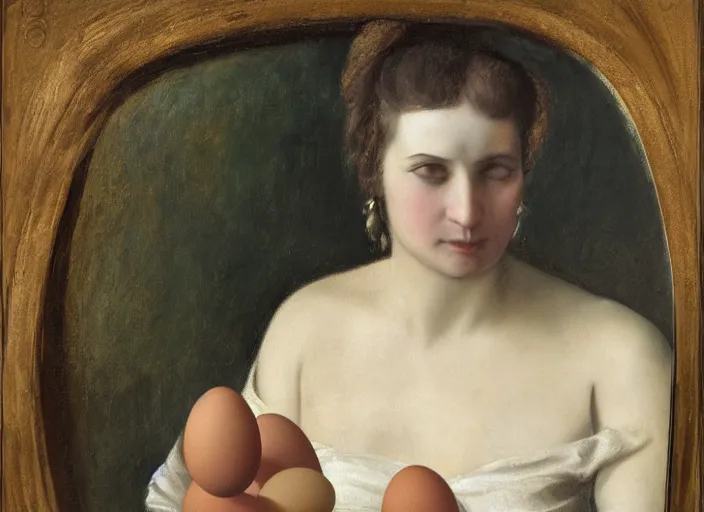 Image similar to a portrait of a woman with eggs for eyes in the style of salvador dall oil on cavas sharp detailedi - h 1 0 2 4