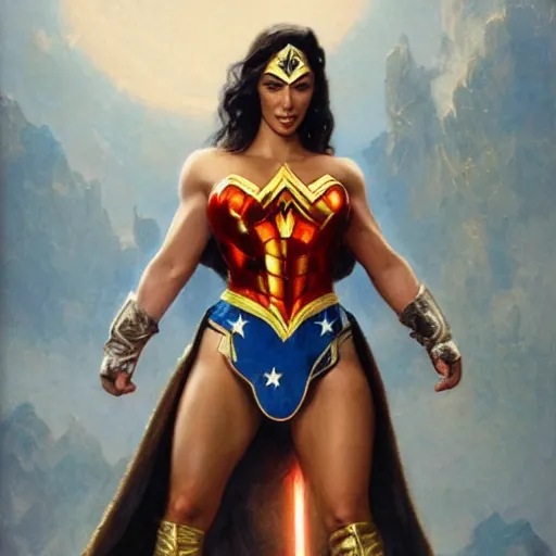 Image similar to : kim kardashian as wonder woman, bodybuilder posing, radiant light, caustics, war hero, metal gear solid, by gaston bussiere, bayard wu, greg rutkowski, giger, maxim verehin