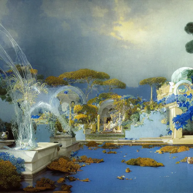 Prompt: gardens of marble draped in flowing sheets of cobalt blue gold silver satin, by ivan aivazovsky and syd mead and moebius and roger dean and donato giancola and yoshitaka amano and pieter claesz and paul delaroche and alma tadema and aelbert cuyp and willem claesz, hyperrealistic, volumetric light, render