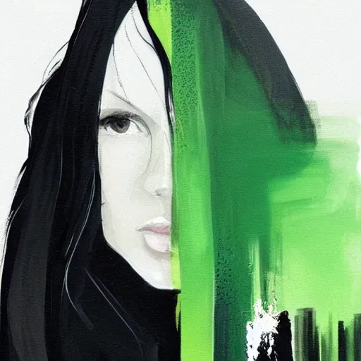 Prompt: closeup, very few thick long paint brush strokes, abstract depiction of the physique of one!!! very thin black suit man with green long straight hair posing dramatically, closeup, matte colors, conrad roset, dark abstract background, abstract painting trending on artstation