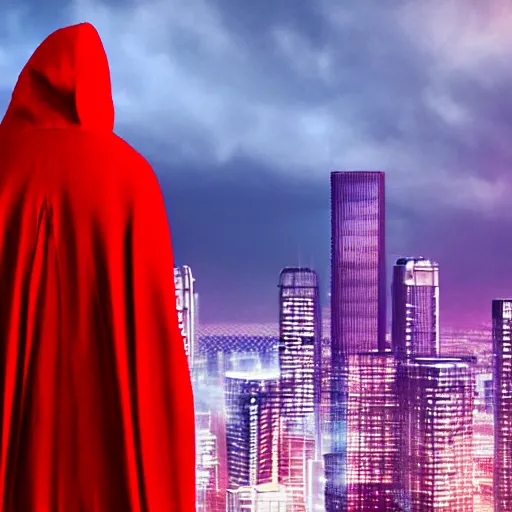 Image similar to a man in a long red cloak standing on the edge of the building looking at the city scape, synthwave digital art