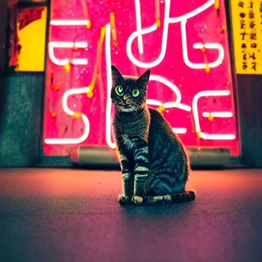 Prompt: portrait of a cat next to a neon sign in a tokyo alley at night, raining, photography