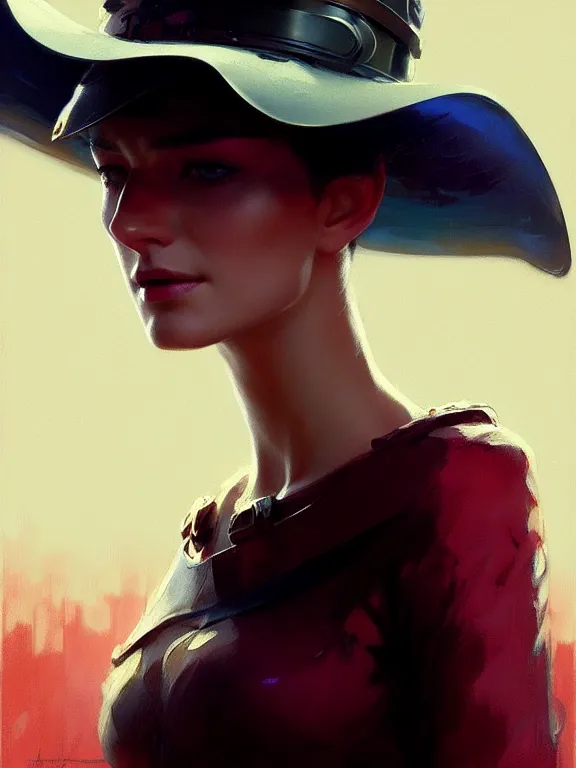 Prompt: masterpiece concept art, a beautiful highly detailed sci - fi western lady in translucent hat, confident pose, cinematic moody colors, realistic shaded lighting poster by ilya kuvshinov, magali villeneuve, artgerm, jeremy lipkin and michael garmash and rob rey,