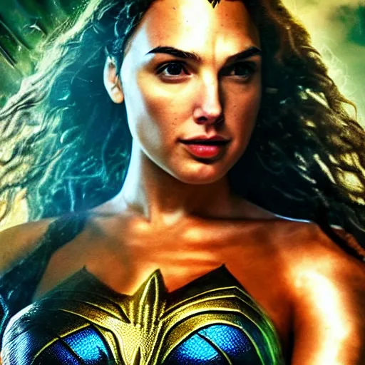 Image similar to an potrait of gal gadot cast as Mera from Aquaman, photorealistic, high detail, full body shot.