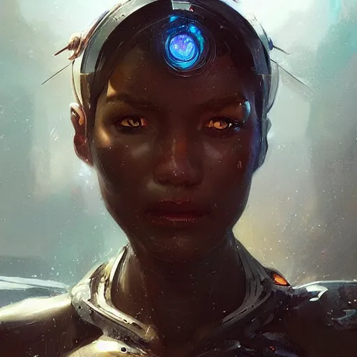 Image similar to a beautiful portrait of a cyborg goddess by greg rutkowski and raymond swanland, trending on artstation, ultra realistic digital art