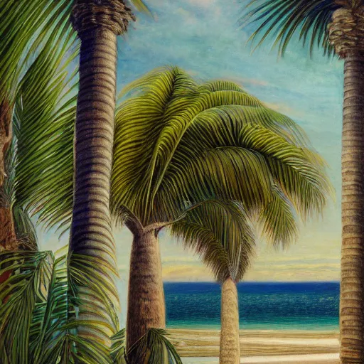 Image similar to a ultradetailed beautiful painting of the amazonas palace balustrade designed by edward robert hughes, tarsila do amaral, frank weston and gustave baumann, beach, trending on artstation, mediterranean, palm trees, detailed face, sharp focus, soft light, 8 k 4 k