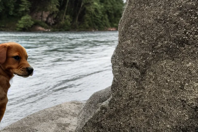 Image similar to a puppy is looking directly at the wavy water current below it while it stands at an edge of a cliff