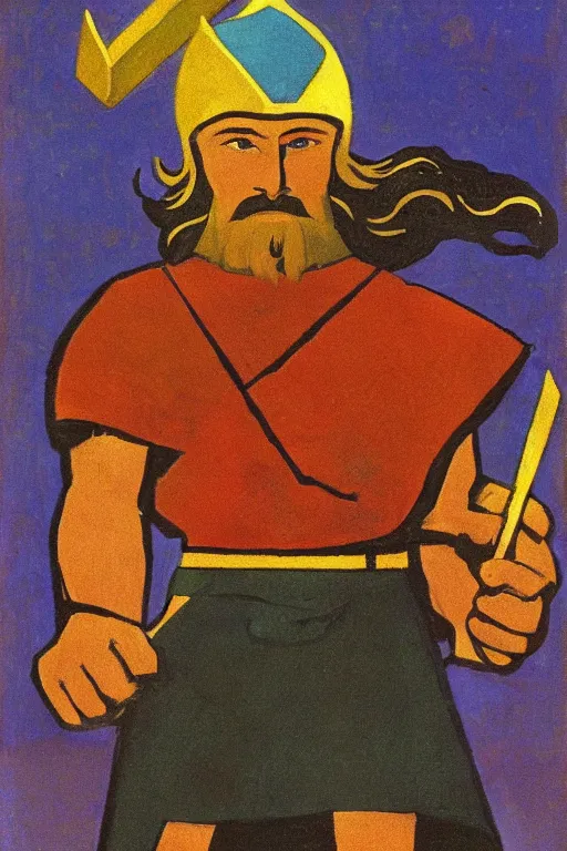 Image similar to thor with hammer, marvel, artwork by nicholas roerich,