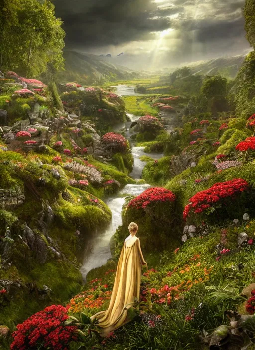 Image similar to an elegant winged fairy in the lord of the rings scenery landscape, looking out at a vast lush valley flowers and homes made of mushrooms, stream, sunrise, god's rays highly detailed, vivid color, cinematic lighting, perfect composition, 8 k, gustave dore, derek zabrocki, greg rutkowski, belsinski, octane render