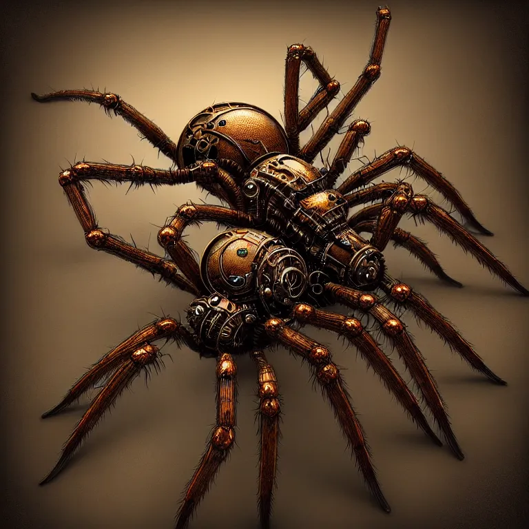 Prompt: steampunk spider, biomechanical, 3 d model, unreal engine realistic render, 8 k, micro detail, intricate, elegant, highly detailed, centered, digital painting, artstation, smooth, sharp focus, illustration, artgerm, tomasz alen kopera, by wlop