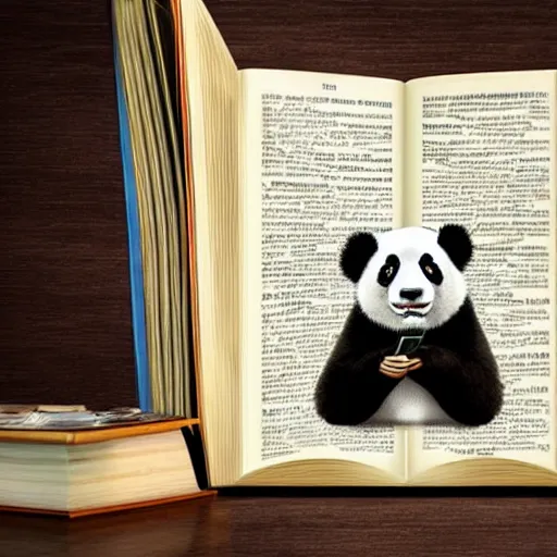 Prompt: panda studying with books