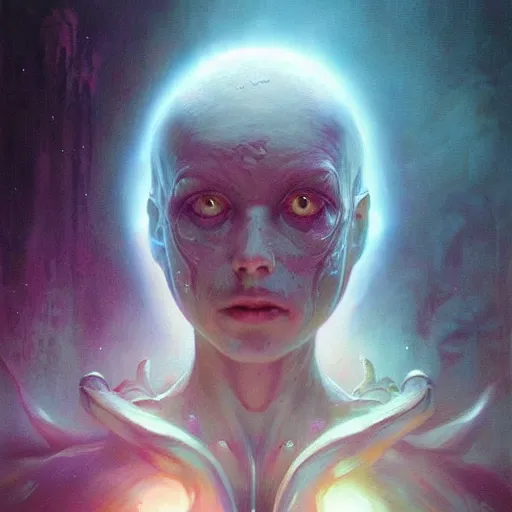 Image similar to a hyperrealistic acrylic on canvas portrait painting of a beautiful alien priestess by Greg Rutkowski, Artgerm and Beksinski. Epic fantasy art. Volumetric lighting. Night scene.