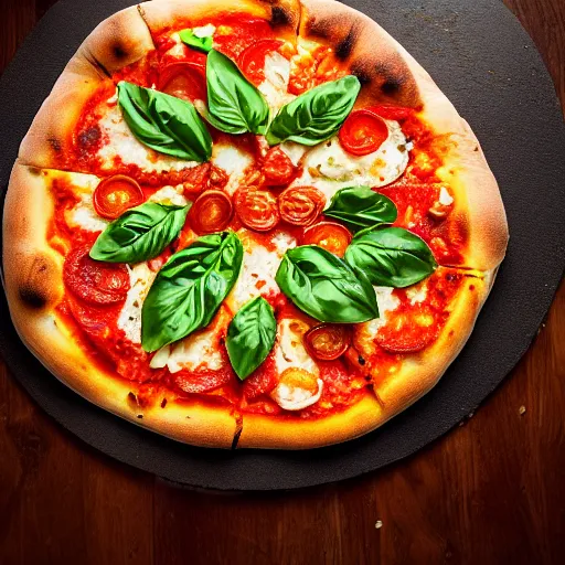 Prompt: Proper Italian pizza with tangerines and tomatoes, morning hard light, professional food photography, 80mm, top down