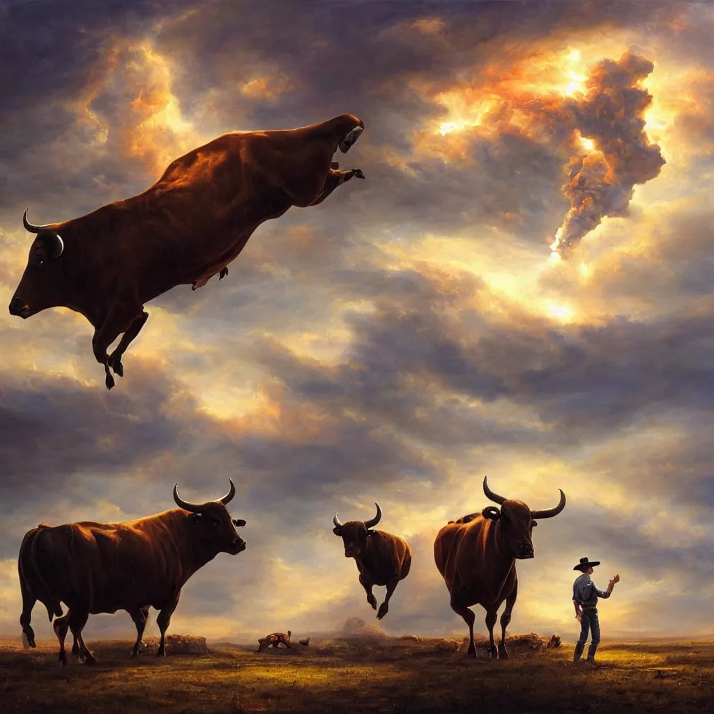 Prompt: Mark Magiori oil painting of a cowboy watching a bull get abducted by aliens, supercell cloud, extremely beautiful, amazing painting, HD, 8K, very detailed, photorealistic, hyperrealism