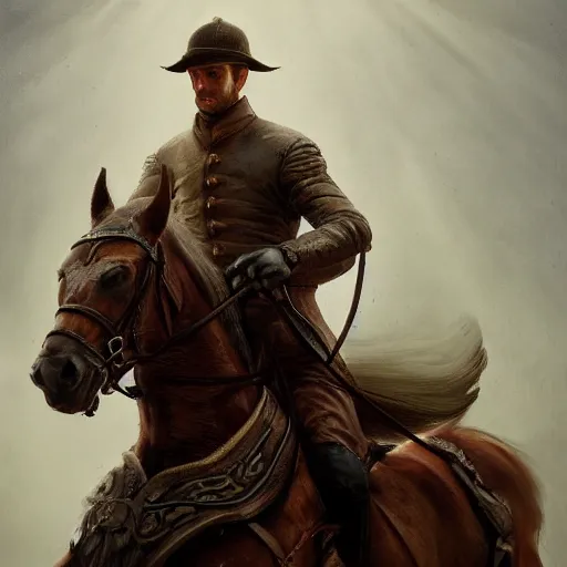 Image similar to portrait of a man riding a horse, elegant, highly detailed, oil painting, artstation, concept art, matte, sharp focus, illustration