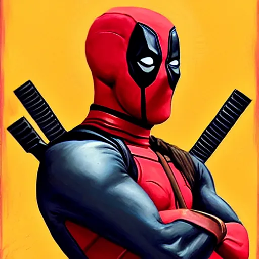 Image similar to Greg Manchess portrait painting of Deadpool as Overwatch character, medium shot, asymmetrical, profile picture, Organic Painting, sunny day, Matte Painting, bold shapes, hard edges, street art, trending on artstation, by Huang Guangjian and Gil Elvgren and Sachin Teng
