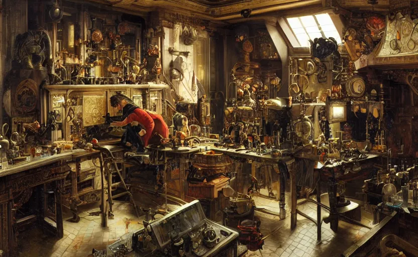 Prompt: the prompt engineer's laboratory, intricate, highly detailed, by edgar maxence and caravaggio and michael whelan and delacroix style, ambient lighting, photorealistic, extremely detailed, establishing shot, high resolution, dramatic lighting