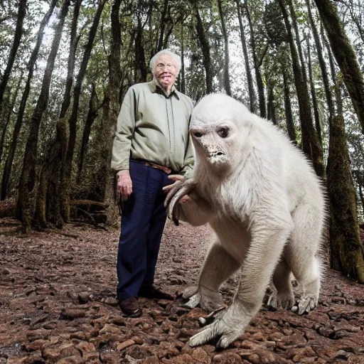 Image similar to David Attenborough with a terrifying creature, Canon EOS R3, f/1.4, ISO 200, 1/160s, 8K, RAW, unedited, symmetrical balance, in-frame