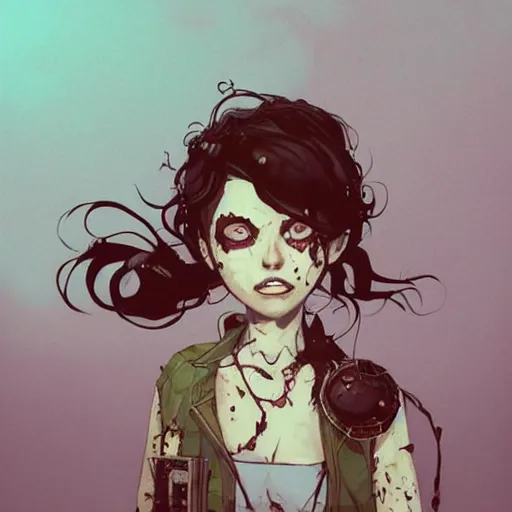 Prompt: Highly detailed portrait of a punk zombie young lady with freckles and brown curly hair hair by Atey Ghailan, by Loish, by Bryan Lee O'Malley, by Cliff Chiang, by Goro Fujita, by Greg Tocchini, inspired by ((image comics)), inspired by nier:automata, inspired by graphic novel cover art !!!gold, silver, opal, brown, black, and white color scheme ((grafitti tag brick wall background))