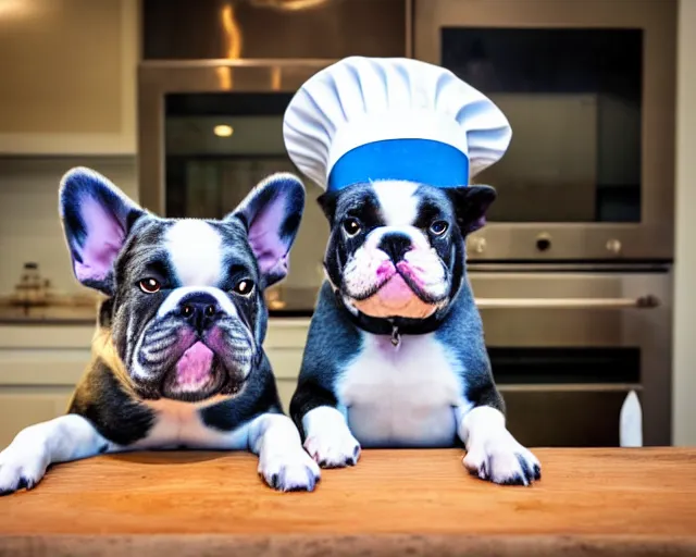 Image similar to a 8k highly detailed still photo by David Bailey of Two blue merle French Bulldogs in chef hats and aprons starring on a cooking show, a high end kitchen in the background