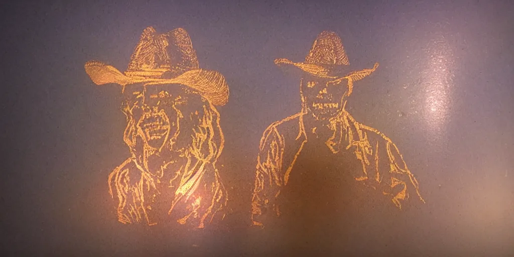 Image similar to a holographic translucent ghost cowboy in from of a tomb