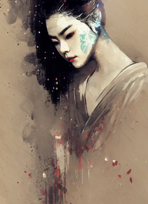 Image similar to female geisha girl, beautiful face, rule of thirds, intricate outfit, spotlight, by greg rutkowski, by jeremy mann, digital painting