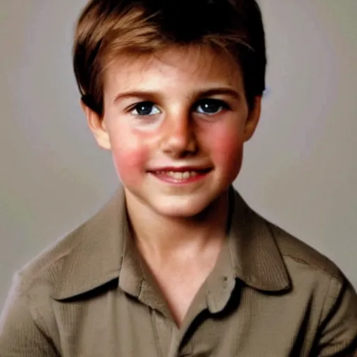 Image similar to a face portrait of tom cruise at 6 years old. photography.