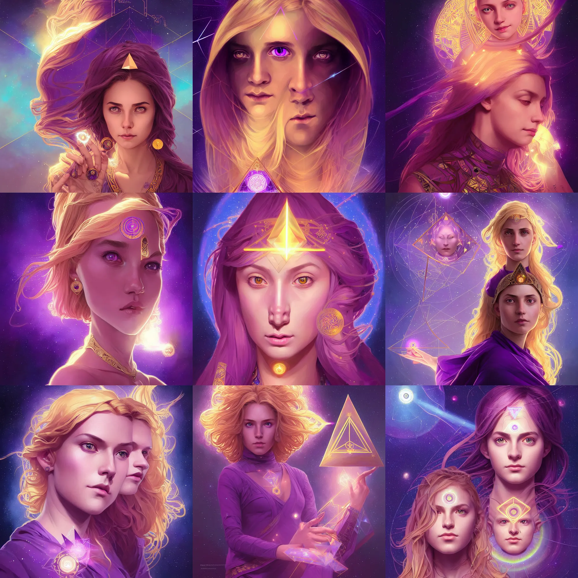 Prompt: portrait of a gallent girl with glowing purple third eye chakra and golden hair, geometric third eye triangle, sci - fi face, sacred geometric mandal background, breathtaking stars, elegant, highly detailed, digital painting, artstation, concept art, smooth, sharp focus, illustration, art by artgerm and greg rutkowski and alphonse mucha, psychedelic