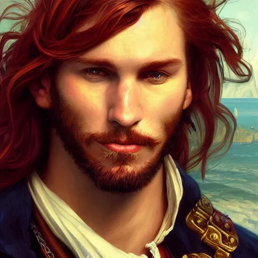 Prompt: portrait of a young pirate captain, male, rugged, masculine, handsome, upper body, red hair, long hair, cheerful, D&D, fantasy, intricate, elegant, highly detailed, digital painting, artstation, concept art, sensual, matte, sharp focus, illustration, art by Artgerm and Greg Rutkowski and Alphonse Mucha