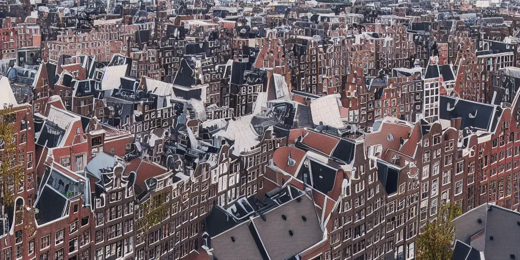 Image similar to the rooftops of amsterdam after the storm. 4 k vray