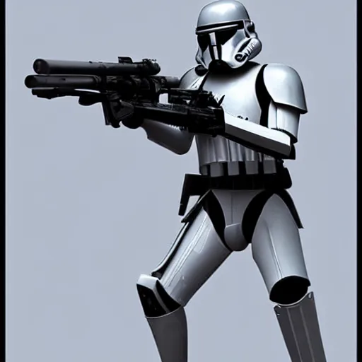 Prompt: an extremely long shot of an imperial stormtrooper in battle position ready to shoot his blaster concept art by Doug Chiang cinematic, realistic painting, high definition, very detailed, extremely high detail, photo realistic, concept art, the Mandalorian concept art style