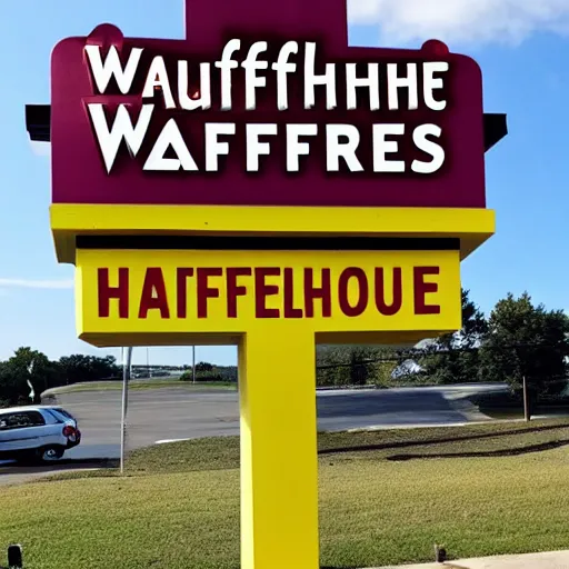 Image similar to wafflehouse employee's standing below wafflehouse sign