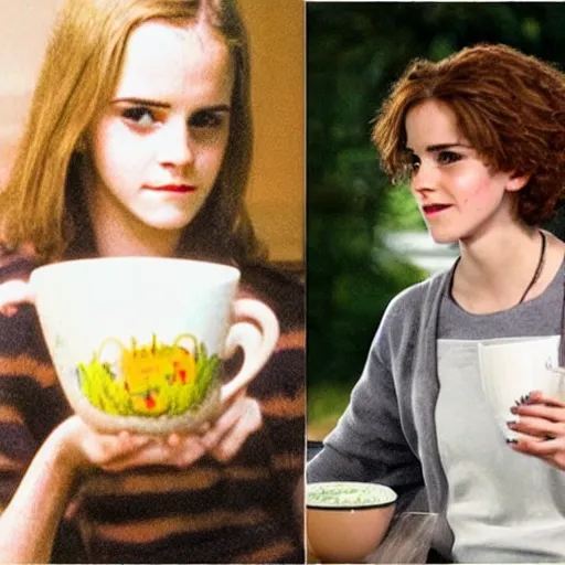 Image similar to emma watson drinking a saucer of warm milk, in the style of a bob ross painting