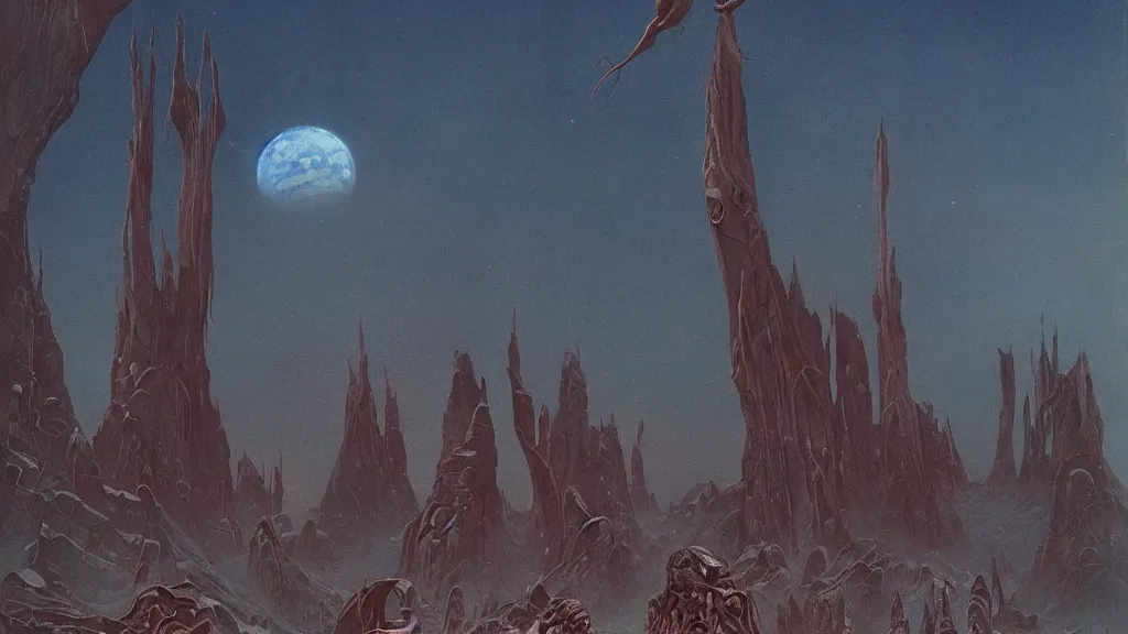 Image similar to eerie atmospheric evolving alien planet by gerald brom and vincent di fate, epic cinematic matte painting