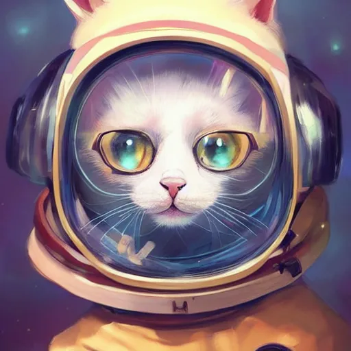 Prompt: head and shoulders masterpiece portrait of a cute adorable cat wearing a spacesuit, surreal background, digital art by krenz cushart, trending on artstation, cgsociety,