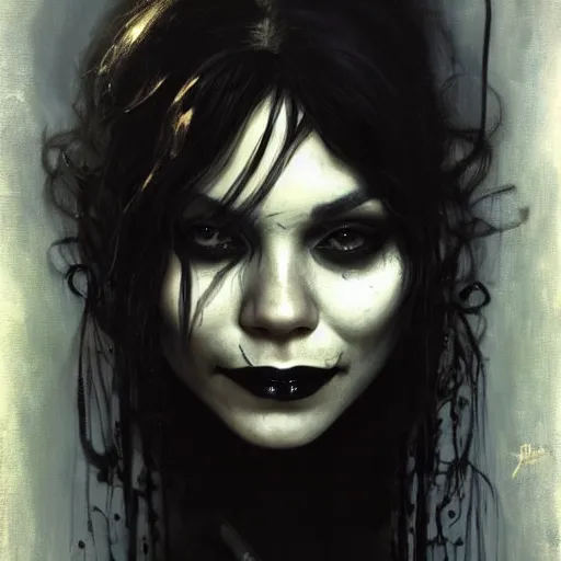 Image similar to beautiful portrait of vanessa hudgens as death from sandman, smiling, by cedric peyravernay, alphonse mucha, by jeremy mann, by lecouffe deharme, goth chic, soft lightning, eyeliner, punk rock, high detailed, 8 k