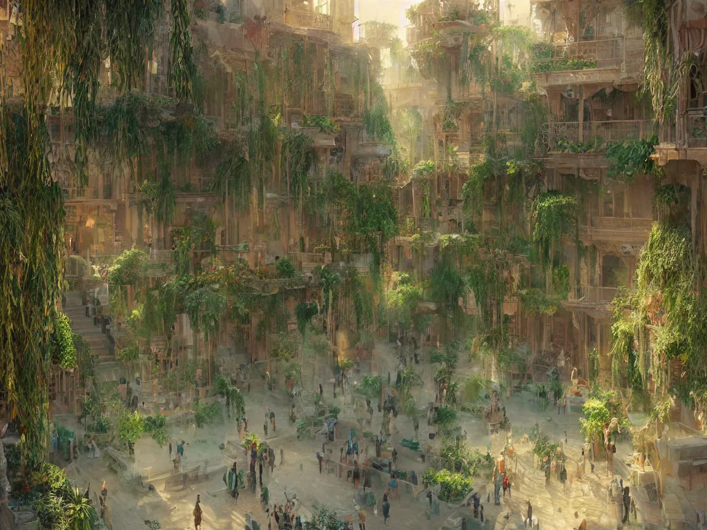 Image similar to the antique green city of babylon with its wonderful hanging gardens at dawn, intricate, elegant, volumetric lighting, digital painting, highly detailed, artstation, sharp focus, illustration, concept art, ruan jia, steve mccurry