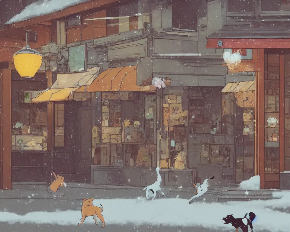 Image similar to beautiful illustration of a dog chasing a cat in front of a small shop front in kyoto on a fine summers day, anime manga style, with snow, aesthetic, cory loftis, james gilleard, atey ghailan, makoto shinkai, goro fujita, studio ghibli, makoto shinkai