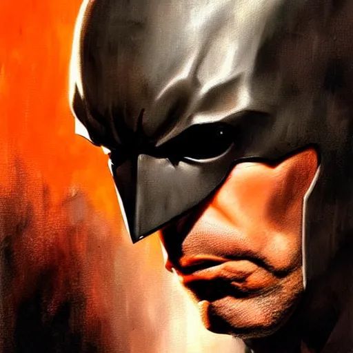 Prompt: An ultra-realistic portrait painting of Ben Affleck's Batman in the style of Frank Frazetta. 4K. Ultra-realistic. Highly detailed. Dark fantasy. Epic lighting.