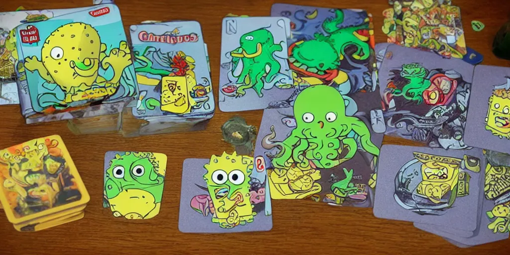 Prompt: cthulhu, ganesh, sponge bob and jesus playing cards, green felt table, spongebob cooking hamburgers in the background