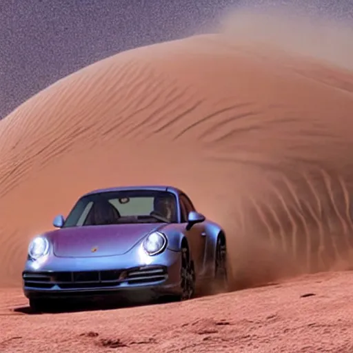 Image similar to a porsche 911 escaping from a huge sandworm in the planet of arrakis from Denis Villeneuve\'s movie Dune (2021)