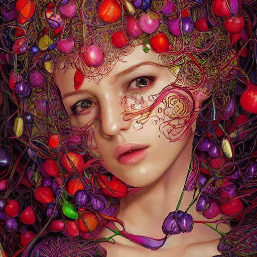 Image similar to the portrait of an incredibly beautiful woman partially made of onions and cherries, an ultrafine detailed illustration by james jean, final fantasy, intricate linework, bright colors, behance contest winner, vanitas, angular, altermodern, unreal engine 5 highly rendered, global illumination, radiant light, detailed and intricate environment