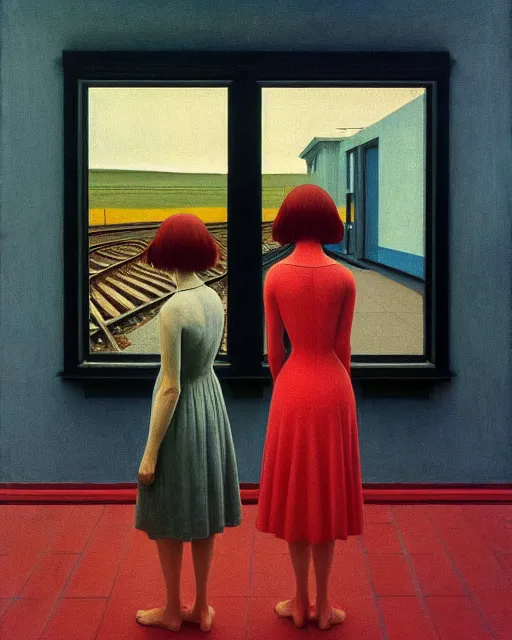 Prompt: twins, sisters, in the void, by the mirror, train station, woman poking tv in her head edward hopper and james gillard, zdislav beksinski, high detail alex colville, otto mueller, stephen conroy, sandro botticelli, andrew newell wyeth, daniel meidman jussi picho octane rendering