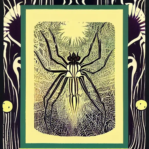 Prompt: a girl and a spider, colored woodcut, poster art, by Mackintosh, art noveau, by Ernst Haeckel, by Beardsley