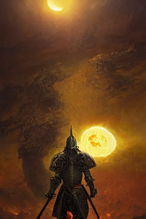 Prompt: a knight in black armor stands in front of a solar eclipse in a hellish landscape of ash and fire surrounded by a field of swords, intricate, highly detailed, artstation, concept art, illustration, sharp focus, art by ralph horsley, greg rutkowski, and alphonse mucha