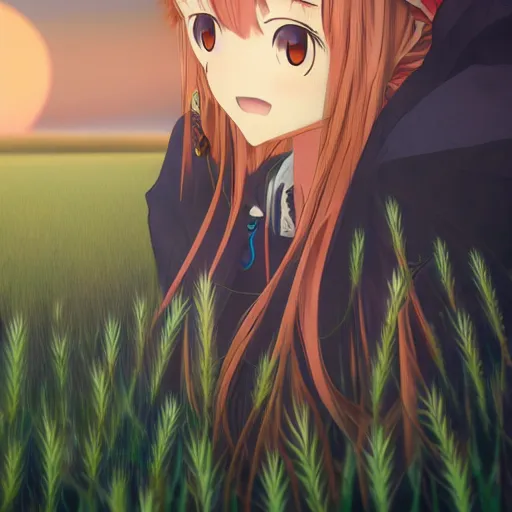 Image similar to anime illustration of Holo from Spice and Wolf standing in a wheat field at sunset, Holo if a wolf girl, high detail, trending on artstation