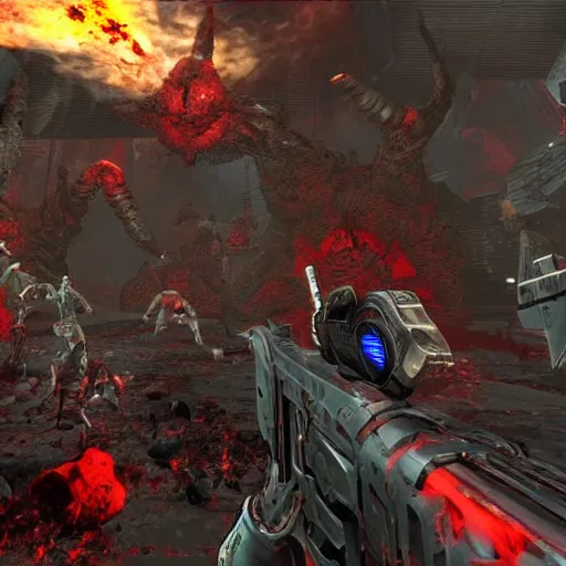 Prompt: bloody hell scene, doom slayer walking on human bloody dead bodies, shooting with heavy bolt rifle towards demons, view from side