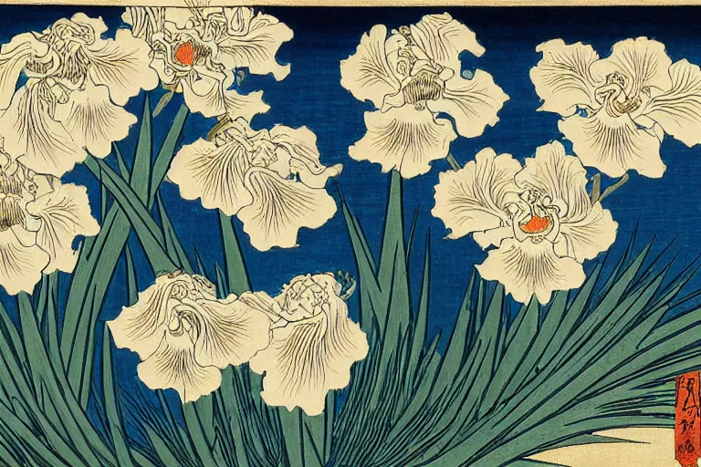 Prompt: an amazing ukiyo - e drawing of a scene with irises by katsushika hokusai, utagawa kuniyoshi and utagawa hiroshige and van gogh, masterpiece, hyperdetailed!!!, intricate, complex, closeup, 4 k