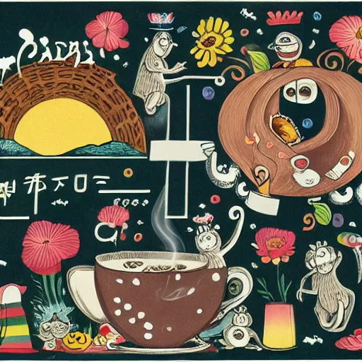 Prompt: a coffee advertisement with friendly monsters dancing around beautiful steaming cups of coffee, amongst coffee beans and flowers, and rainbows in the style of Japanese illustration, Maurice Sendak, Tove Jansson, high definition